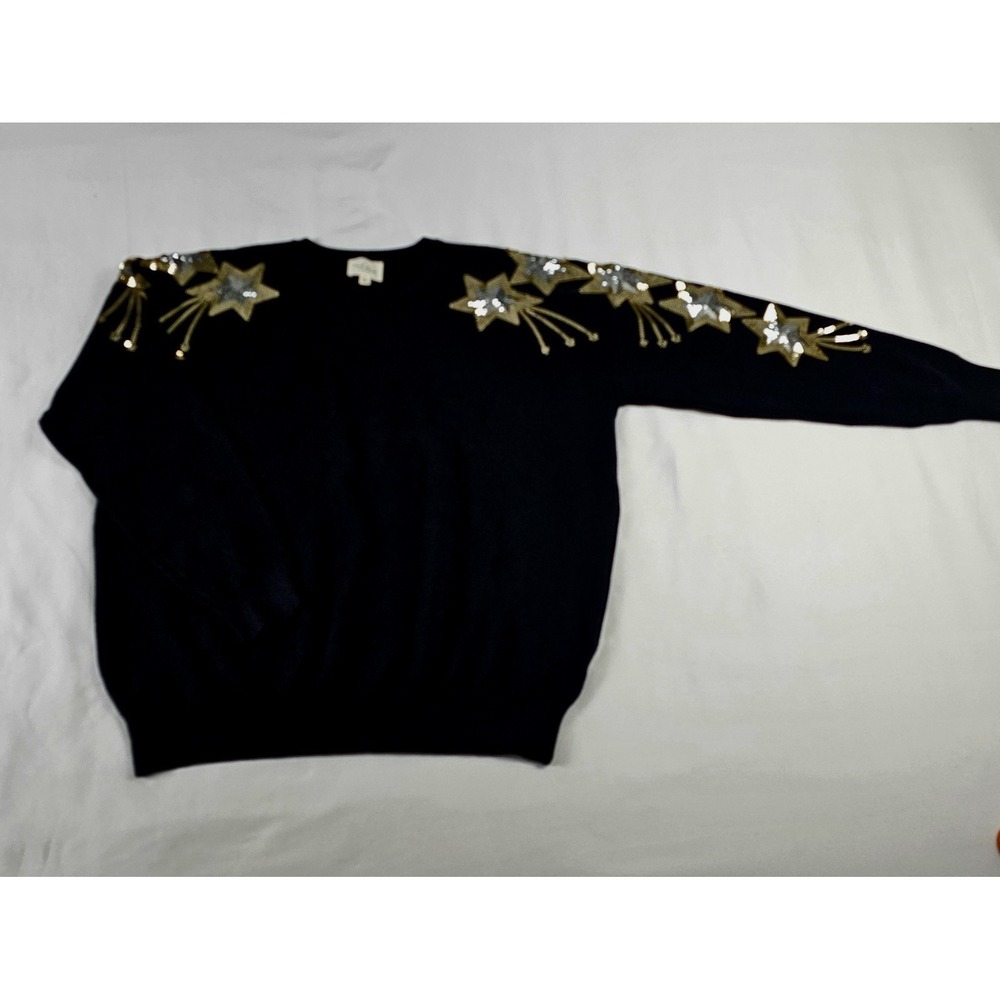 143 Story Black Sweater Gold Silver‎ Sequins Shooting Stars Size L Sweatshirt